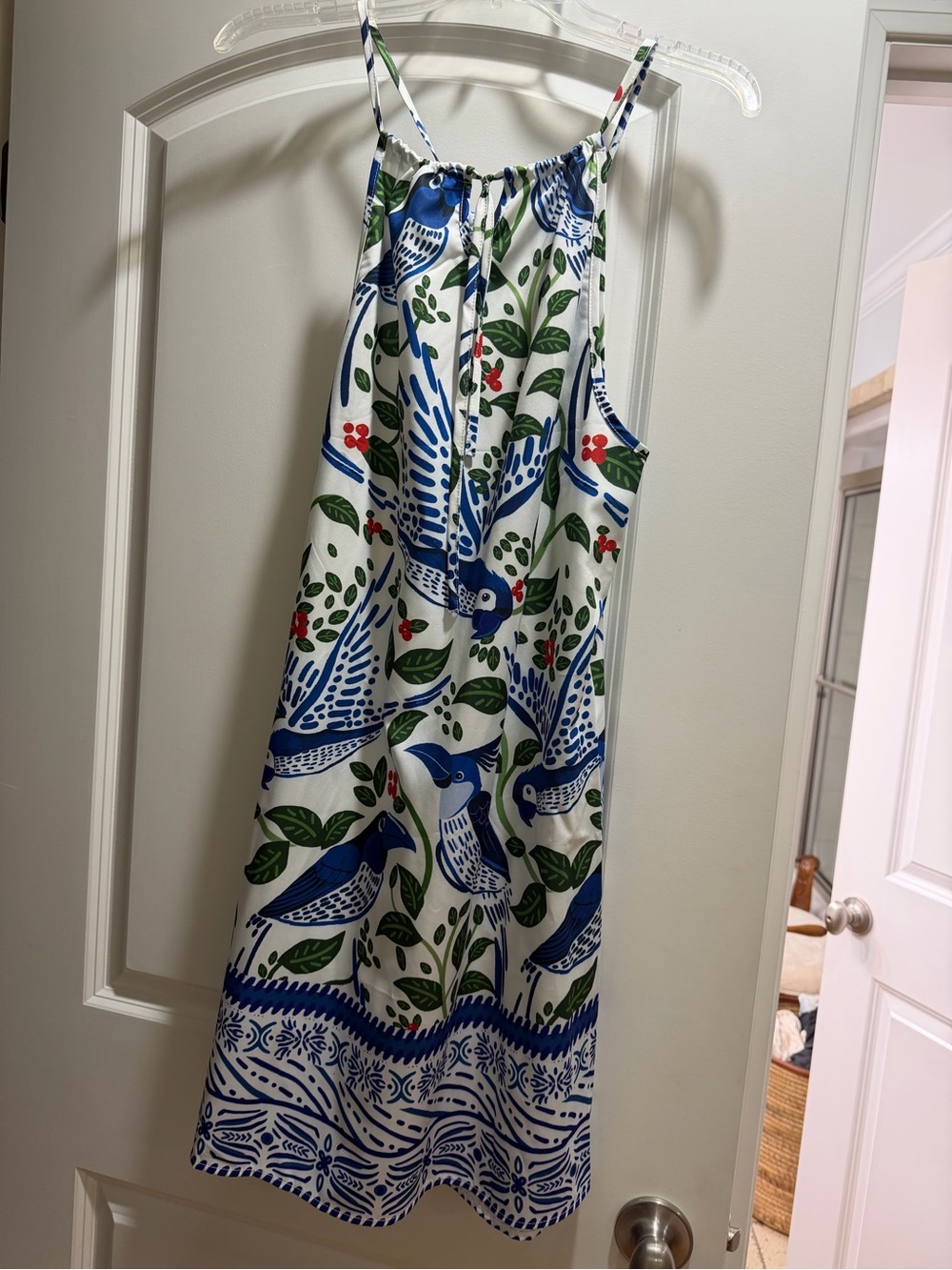 SHEIN White Midi Dress with Blue Bird and Green Leaf Print